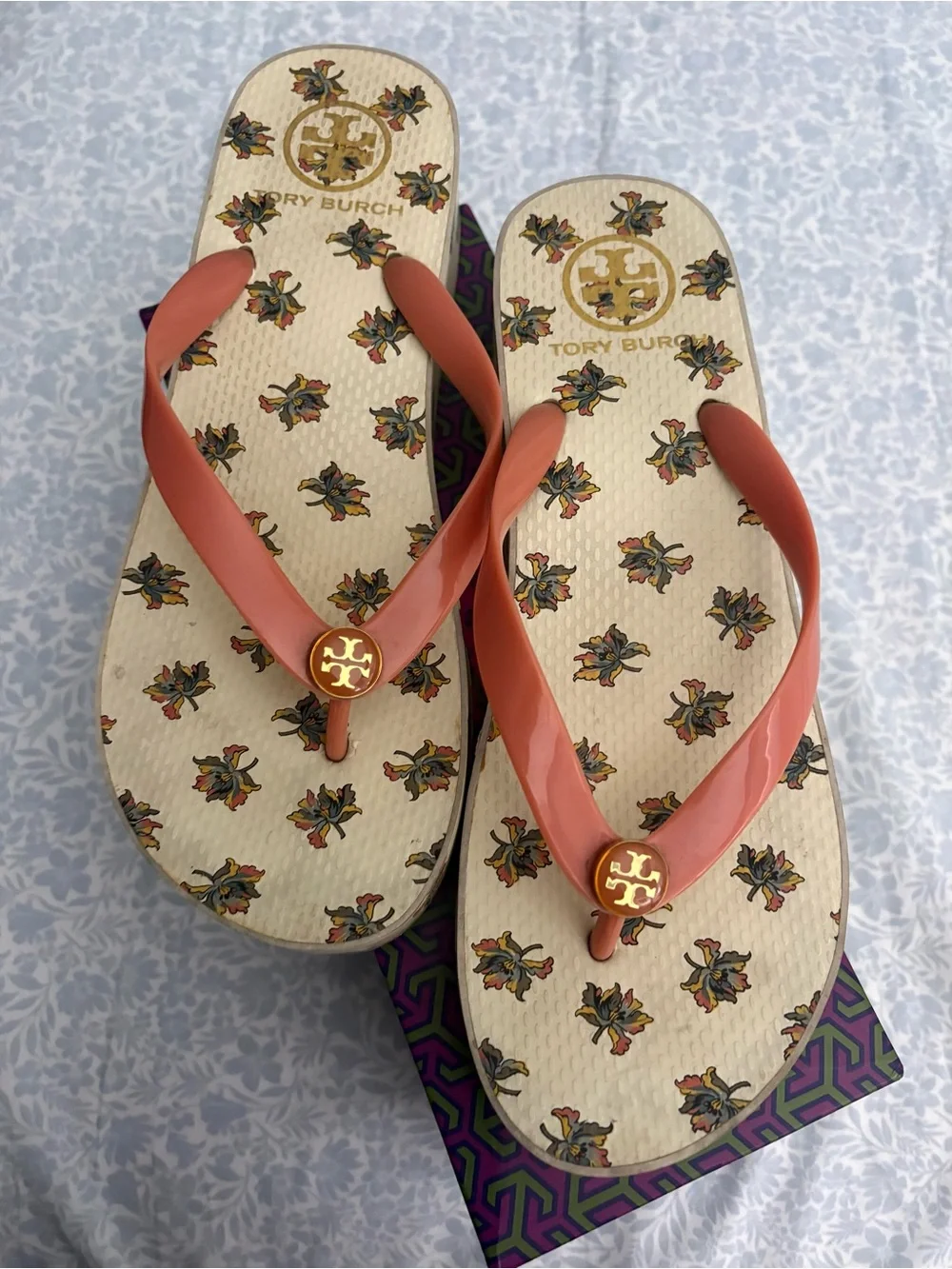 Tory Burch Purple, Green and Orange Geometric Wedge Flip Flop Box